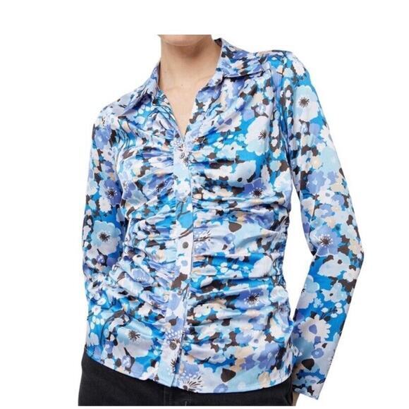 RAILS Lisa Blouse Zinnia Blue Floral‎ Long Sleeve Stretch Button Up Ruched S - Picture 1 of 9